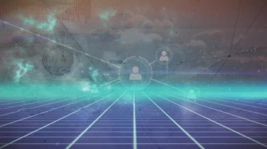 Neon çizgileriyle ve bulutlarla gökyüzü arasında bağlantı ağının animasyonu. Dijital olarak oluşturulmuş küresel bağlantılar, bilgisayar ve dijital arayüz kavramı.