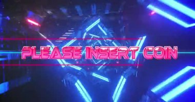 Lütfen neon mavi tünelin üzerine dikişsiz biçimde yazı-tura işareti yerleştirin. Video oyunu arayüzü ve teknoloji kavramı