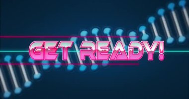 Mavi arka planda DNA yapısını döndüren metin pankartının animasyonu. Tıbbi araştırma ve video oyunu arayüzü teknolojisi kavramı