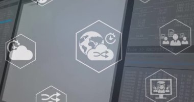 Mavi arkaplan ile veri işleme üzerinden dijital simge ağının animasyonu. Bilgisayar arayüzü ve iş teknolojisi kavramı