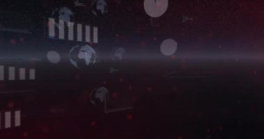 Küre animasyonu, programlama dili, kırmızı noktaların üzerindeki çubuk grafiği soyut desen oluşturuyor. Dijital olarak üretilmiş, hologram, küreselleşme, kodlama, rapor, teknoloji ve finans kavramı.