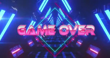 Oyunun animasyonu, metin afişi üzerinden, parlak, parlak ve pürüzsüz bir tünel üzerinde. Video oyunu arayüzü ve teknoloji kavramı