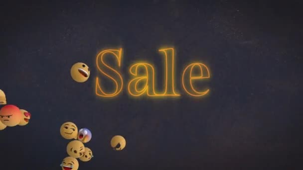 Animation Fallender Emojis Über Verkaufstext Auf Schwarzem Hintergrund Globales Geschäfts — Stockvideo