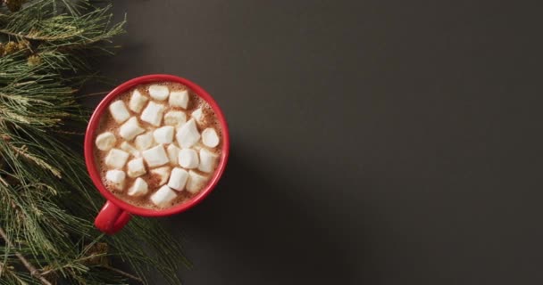 Video Taza Chocolate Caliente Con Malvaviscos Manta Caliente Sobre Fondo — Vídeos de Stock