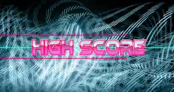 Game Start Tekst Neon Banner Tegen Abstracte Vormen Hoge Score — Stockvideo