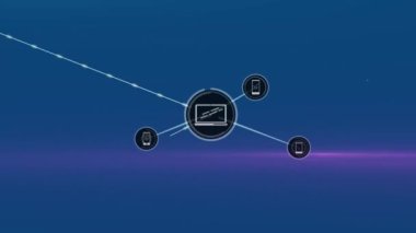Mavi arkaplandaki ışık yollarının üzerindeki simgelerle bağlantı ağının animasyonu. Küresel bağlantılar ve dijital arayüz konsepti dijital olarak oluşturulmuş video.
