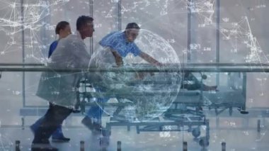 Animasyon ve bağlı hatlar hastaları acil servise yetiştiren doktorlarla ilgili. Dijital bileşik, çoklu maruz kalma, küreselleşme, takım çalışması, sağlık ve tıbbi konsept.