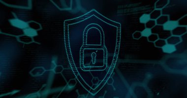 Siyahla ilgili bilgi ve veri işleme ile yeşil nokta asma kilit sembolü. küresel araştırma teknolojisi, dijital veri ve güvenlik konsepti, dijital olarak oluşturulmuş görüntü.