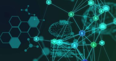 Siyah üzerine bağlı ikonlar ağıyla beyin ve araştırma veri işleme görüntüsü. küresel tıbbi araştırma teknolojisi, dijital veri ve iletişim konsepti, dijital olarak oluşturulmuş görüntü.