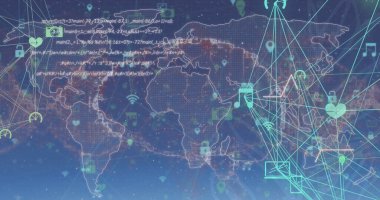 Bağlantılar ağına ve mavi arkaplan üzerinde veri işleme sistemine sahip dünya görüntüsü. Küresel bilim bağlantıları ağlar ve veri işleme konsepti dijital olarak oluşturuldu.