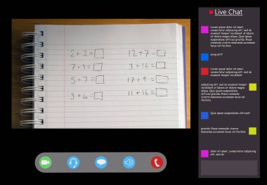 Ekrandaki matematiksel formüller için video çağrısı arayüzü. iletişim teknolojisi ve çevrimiçi ilköğretim dijital kompozit görüntü.