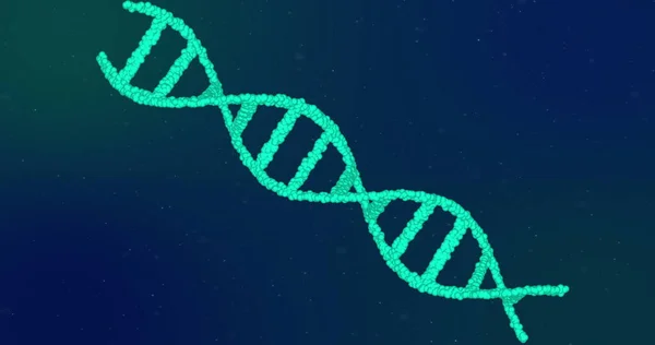 青色の背景に回転する緑色の輝く3D二重らせんDna鎖の画像 医学遺伝学の概念デジタル生成画像 — ストック写真