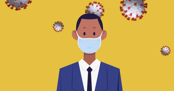 Зображення Людини Масках Обличчі Підтримує Соціальну Дистанцію Помаранчевому Тлі Coronavirus — стокове фото