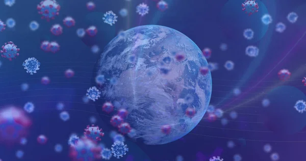 Image of coronavirus moving around globe on digital interface. Digital composite, pandemic, covid-19, viral infection, healthcare and medicine, epidemic, science, microbiology.