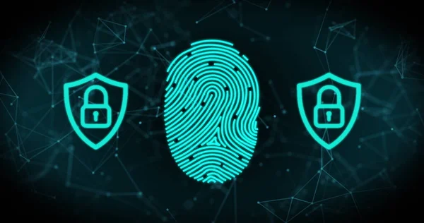 Image of green digital fingerprint, two padlocks, data processing and digital interface with network of connections in the background. Online security concept digitally generated image.