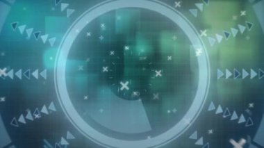 Siyah arkaplandaki karelerin üzerinde tarama ve veri işleme alanlarının animasyonu. Küresel teknoloji ve dijital arayüz konsepti dijital olarak oluşturulmuş video.