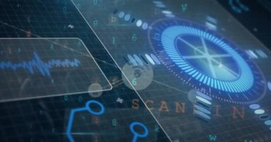 Dijital çember animasyonu, yüzen simgeler ve soyut arkaplan üzerinde programlama dili. Dijital olarak üretilen, hologram, geometrik şekil, iletişim ve kablosuz teknoloji.