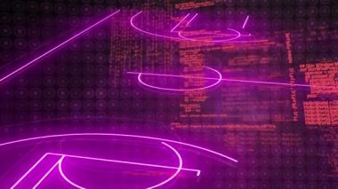 Neon basketbol sahasında veri işleme animasyonu. Küresel spor, rekabet ve veri işleme kavramı dijital olarak oluşturulmuş video.