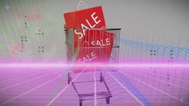 Çantaların üzerinden satış metinleriyle geçen şekillerin animasyonu. Küresel iş ve dijital arayüz kavramı dijital olarak oluşturulmuş video.