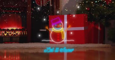 Kardan adam ve kardan adamın noel ağacı ve hediyeler üzerine konfeti ile mesajlaşması animasyonu. Noel, selamlama, kutlama ve geleneksel konsept dijital olarak oluşturulmuş video.