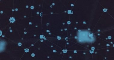 Alışveriş ikonları üzerinden bağlantı ağının animasyonu. Küresel iş ve dijital arayüz kavramı dijital olarak oluşturulmuş video.