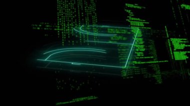 Neon spor sahasında veri işleme animasyonu. Küresel spor, rekabet ve veri işleme kavramı dijital olarak oluşturulmuş video.