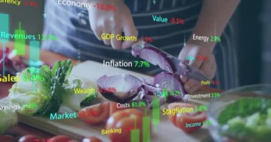 Beyaz bir kadının mutfakta yemek pişirmesi üzerine finansal veri işleme animasyonu. Küresel finansman, ekoloji ve dijital arayüz kavramı dijital olarak oluşturulmuş video.