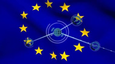 eu bayrağı üzerinde bağlantı ağının animasyonu. Küresel vatanseverlik ve dijital arayüz kavramı dijital olarak oluşturulmuş video.
