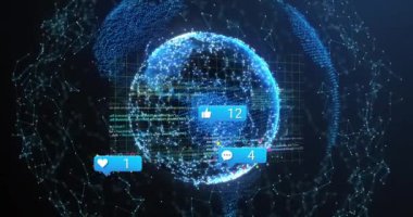 Koyu arkaplan üzerine düşen simgelerin animasyonu. Küresel bağlantılar ve veri işleme kavramı dijital video oluşturuldu.