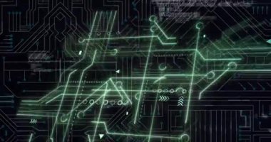 Siyah arkaplanda veri işlemesi olan bilgisayar devre kartının animasyonu. Küresel teknoloji, bilgisayar ve dijital arayüz kavramı dijital olarak oluşturulmuş video.