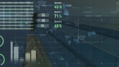 Bina üzerinde veri işleme animasyonu. Küresel iş ve dijital arayüz kavramı dijital olarak oluşturulmuş video.