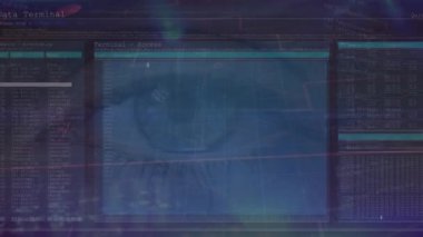 Gözün üzerinde veri işleme animasyonu. Küresel iş ve dijital arayüz kavramı dijital olarak oluşturulmuş video.