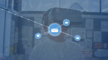 VR kulaklık kullanan çocuk üzerindeki bağlantı ağının animasyonları. Genel bağlantılar dijital oluşturulmuş video