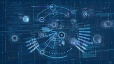 Siyah arkaplanda veri işleme üzerinde tarama kapsamı animasyonu. Küresel teknoloji, bilgisayar ve dijital arayüz kavramı dijital olarak oluşturulmuş video.