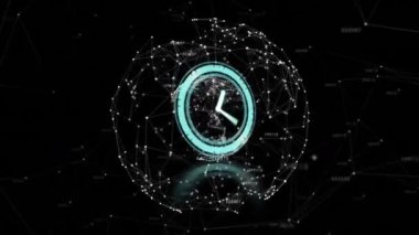 Saat üzerinden bağlantı ağının animasyonu. Küresel iş ve dijital arayüz kavramı dijital olarak oluşturulmuş video.