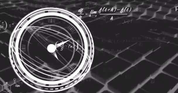 Κινούμενα Σχέδια Σάρωσης Ρολόι Πάνω Από Μαθηματικές Εξισώσεις Μαύρο Φόντο — Αρχείο Βίντεο