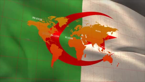 Animação Processamento Dados Sobre Bandeira Algeria Mapa Mundo Negócio Global — Vídeo de Stock