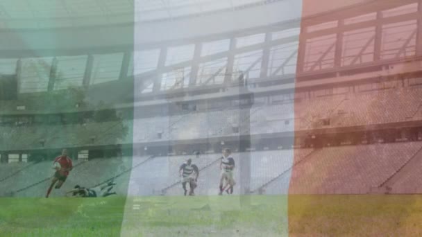 Animação Bandeira Itália Sobre Diversos Jogadores Rugby Estádio Bandeiras Nacionais — Vídeo de Stock