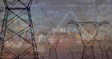 Bulutların ve gökyüzünün üzerinde işlenen finansal veri görüntüsü. Küresel iş dünyası dijital arayüz teknolojisi ve dijital olarak oluşturulan ağ konsepti.