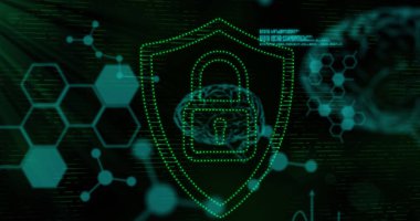 Siyahla ilgili bilgi ve veri işleme ile yeşil nokta asma kilit sembolü. küresel araştırma teknolojisi, dijital veri ve güvenlik konsepti, dijital olarak oluşturulmuş görüntü.