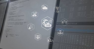 Mavi arkaplan ile veri işleme üzerinden dijital simge ağının resmi. Bilgisayar arayüzü ve iş teknolojisi kavramı