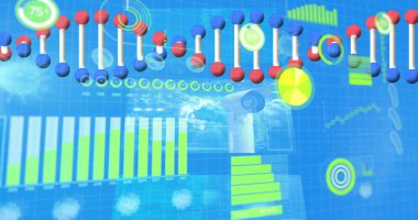 3D DNA 'nın resmi, grafikli virüs, dijital arayüzde bilgi işleme. Dijital bileşik, yapay zeka, bilim ve teknoloji, sağlık ve tıp.