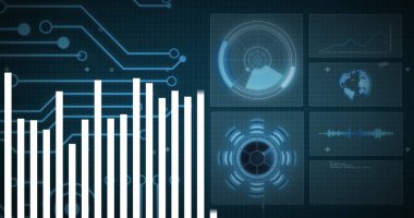 Veri işleme üzerinde beyaz dairelerin görüntüsü. Dijital arayüz ve teknoloji kavramının dijital olarak oluşturulduğu küresel veri işleme.