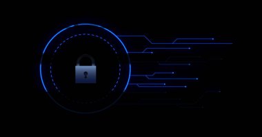 Parlayan mavi asma kilit görüntüsü çevrimiçi güvenlik simgesi veri işleme ve siyah arkaplanda dijital arayüz. Çevrimiçi güvenlik kavramı dijital olarak oluşturulmuş görüntü.