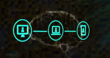 Bağlı dijital iletişim medya simgeleri ve dönen beyin resmi. küresel iletişim teknolojisi ve dijital veri ağı konsepti, dijital olarak oluşturulmuş görüntü.