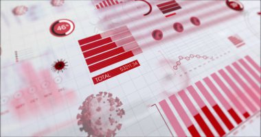 Beyaz zemin üzerinde grafik istatistik kaydı ve veri işlemesi olan Coronavirus Covid 19 hücrenin resmi. Coronavirus Covid 19 salgın konseptini dijital olarak üretti..