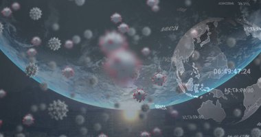 Dünya üzerindeki virüs hücrelerinin görüntüsü. Küresel sağlık, ilaç ve covid 19 salgın konsepti dijital olarak oluşturulmuş görüntü.