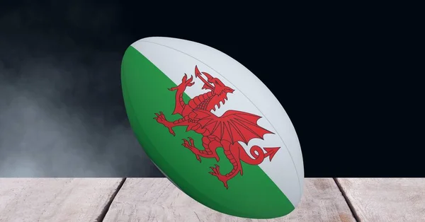 Skład Piłki Rugby Ozdobiony Flagą Walii Czarnym Tle Sport Międzynarodowa — Zdjęcie stockowe