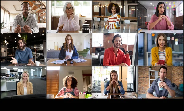 Interface Appel Vidéo Avec Douze Collègues Travail Masculins Féminins Écran — Photo