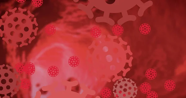 Imagen Células Macro Rojas Coronavirus Girando Extendiéndose Sobre Fondo Rojo —  Fotos de Stock